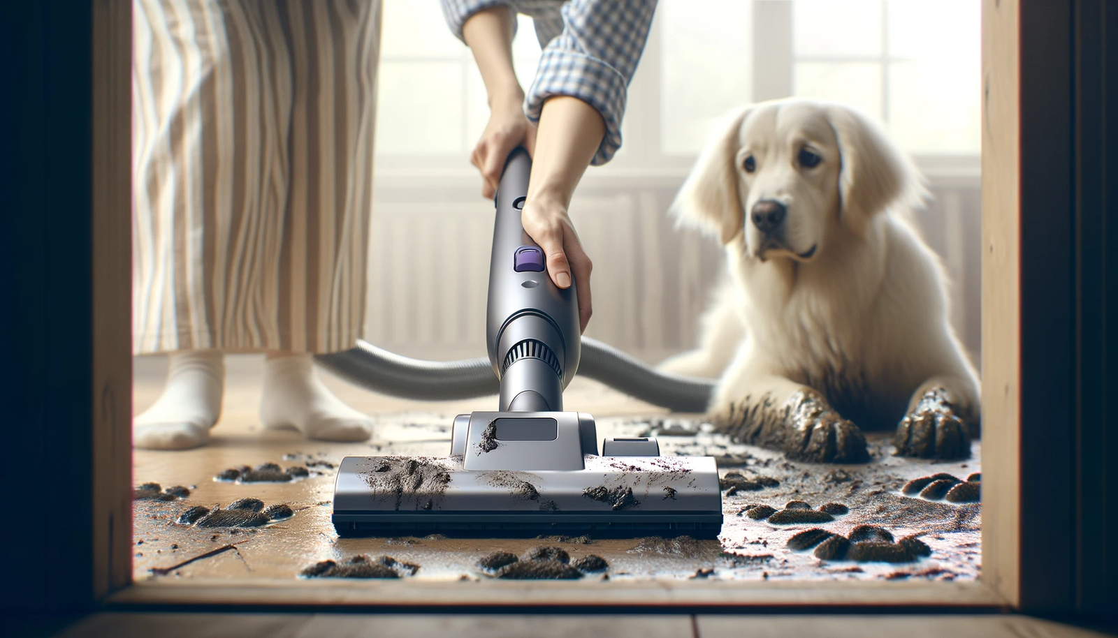 persona aspirando el suelo sucio de los pies de un perro