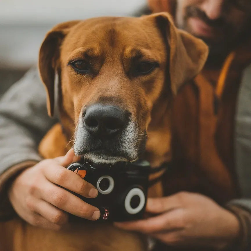 cámara apuntando hacia un perro