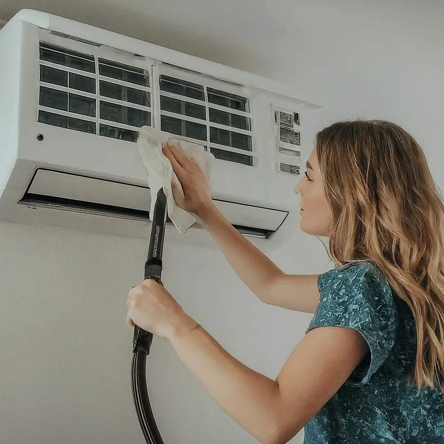 persona limpiando un dispositivo de aire acondicionado o calefacción