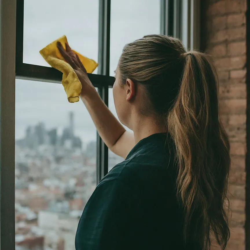 persona limpiando ventanas muy altas