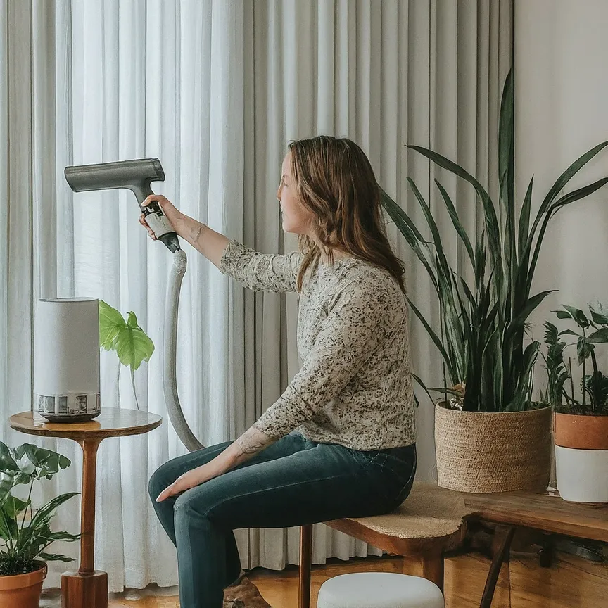 persona usando un ventilador y un humidificador