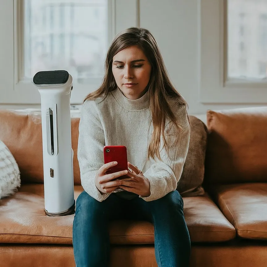 teléfono inteligente con una aspiradora en la pantalla