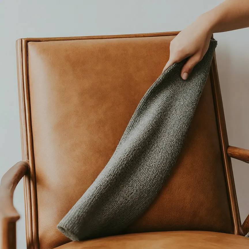 persona enjuagando y secando la tapicería de una silla