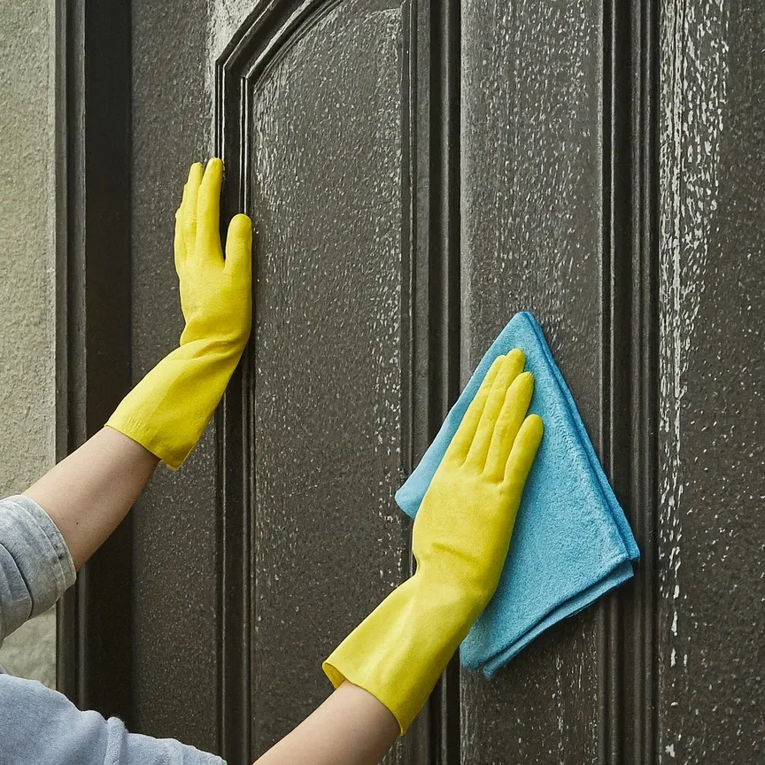 persona limpiando una puerta