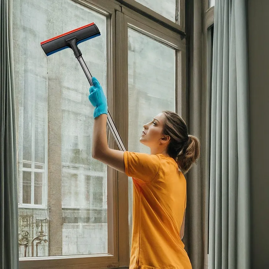 persona limpiando una ventana alta