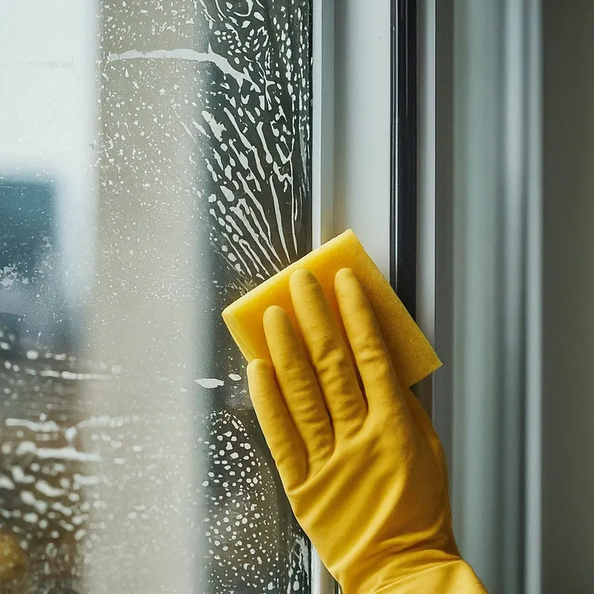 persona limpiando ventana de aluminio