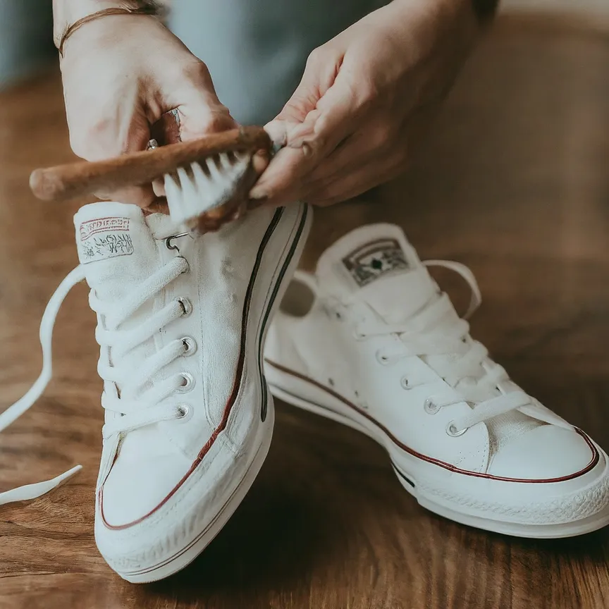 persona limpiando zapatos converse