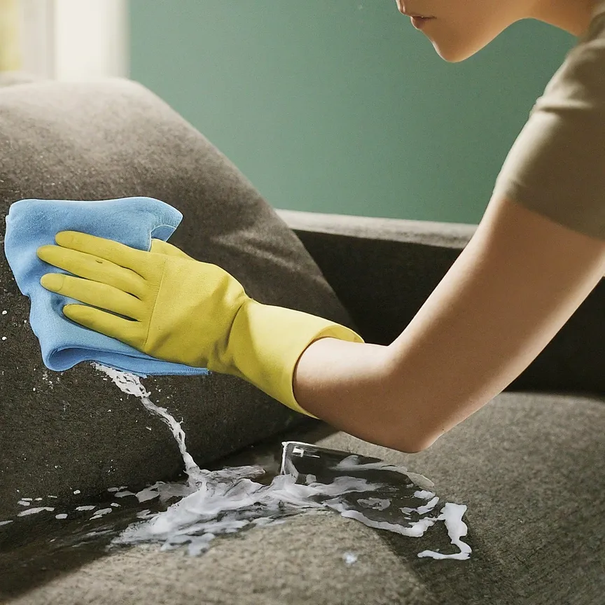 sofá de tela con una persona limpiándolo