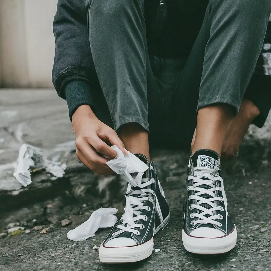 zapatillas negras colgadas de una cuerda para secarse